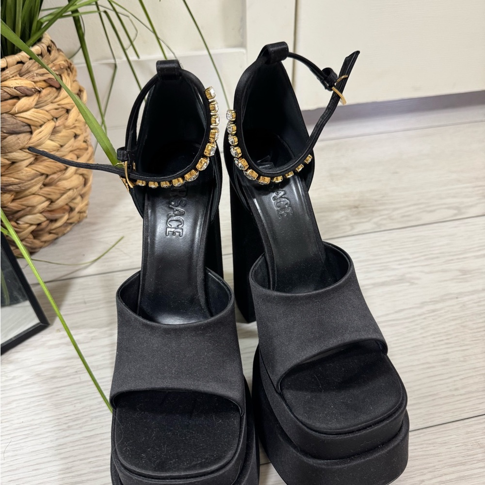 Versace Black Platform Sandals with Gold Accents